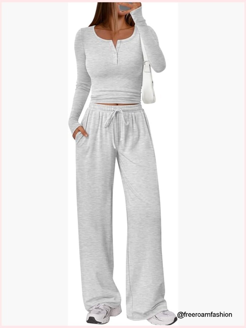 Women's 2 Piece Lounge Set Long Sleeve Henley Crop Top Wide Leg Pants